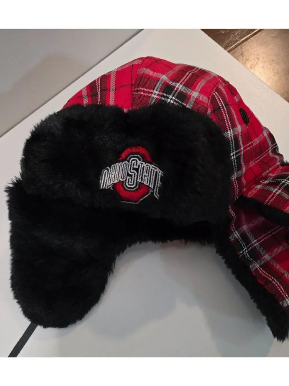 Ohio State Plaid Trapper Hat W/ Faux Fur Lined Ear Flaps & Chin Strap